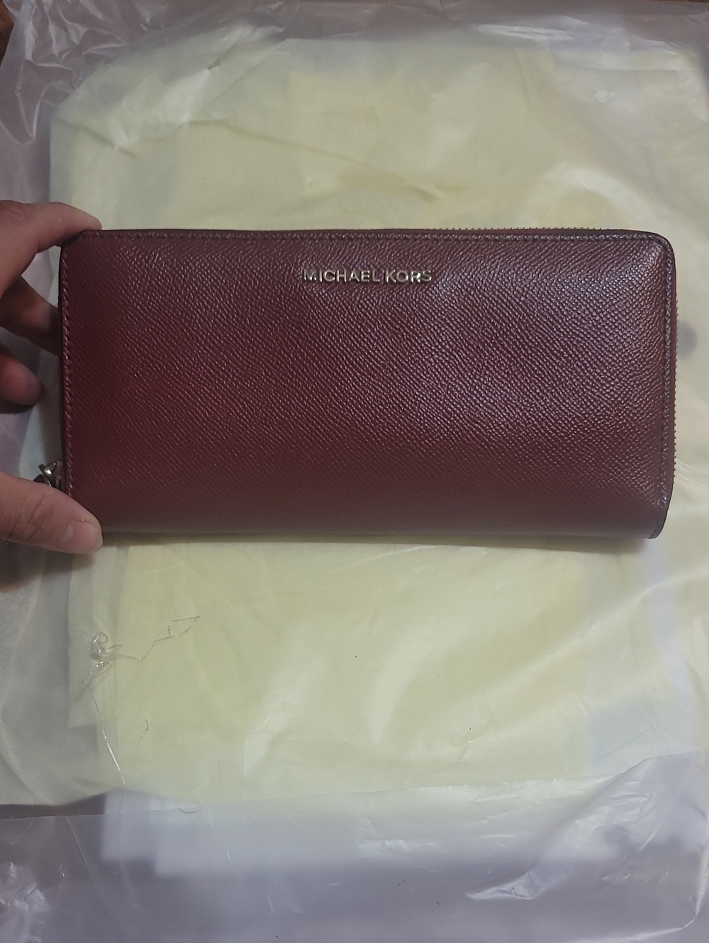 Michael Kors Maroon Zip Wallet with Gold Logo